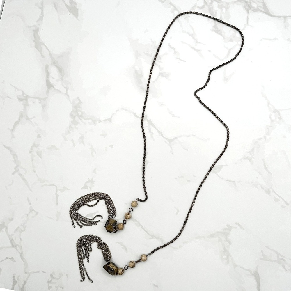 Vintage Gunmetal Tone Long Lariat Necklace Jasper Style Stone Beads Chain Tassel